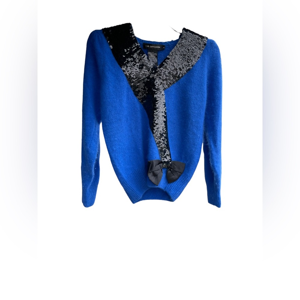 Vintage Silk and Angora Blue Sweater with Black Sequins and Bow